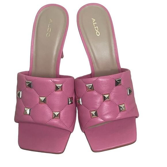 Aldo Saesa Pink Studded Square Toe‎ Leather Heels Sandals Suze 7.5 - Picture 1 of 9